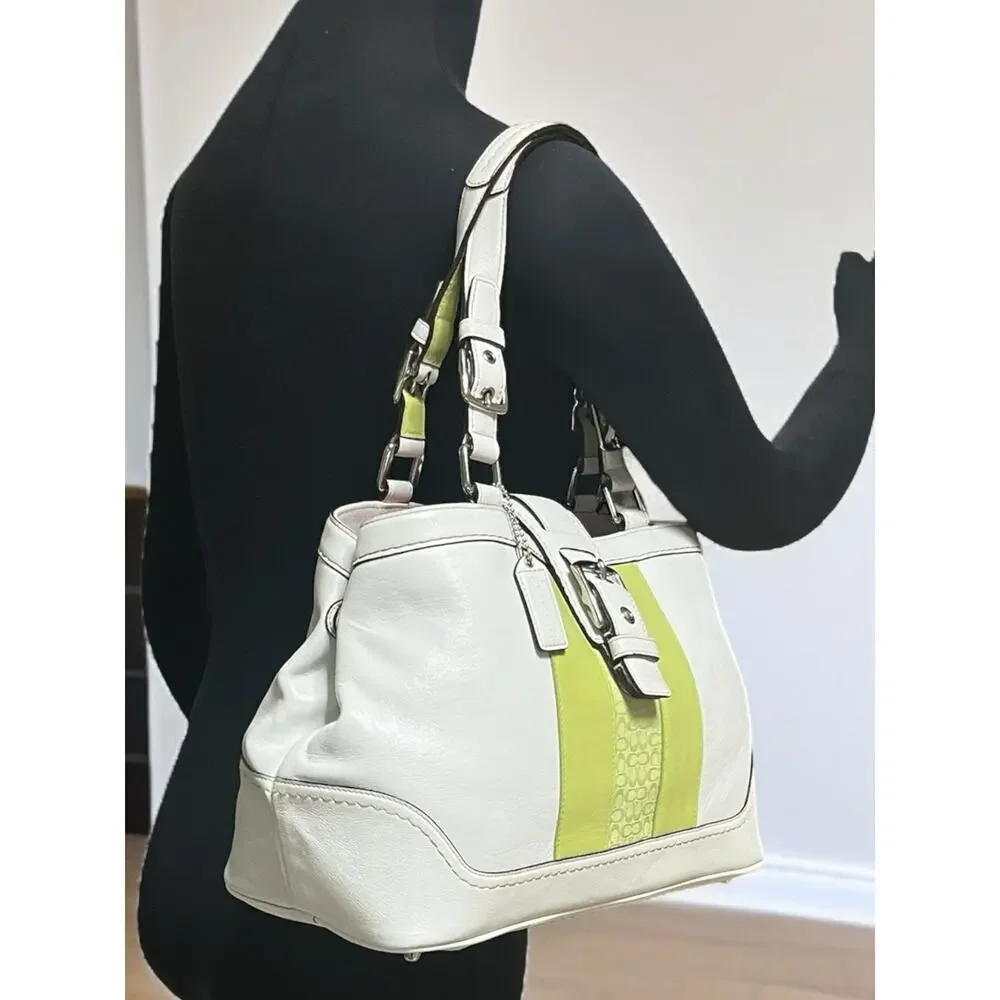 Y2K Coach F11345 Hamptons Leather Striped Satchel Bag & Mini Signature Wristlet